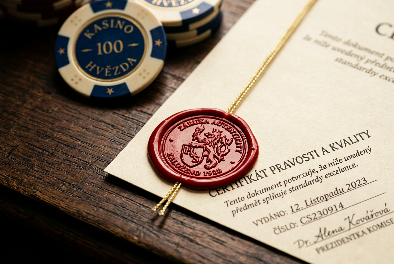 Detailní záběr na oficiálně vypadající pečeť na rohu certifikátu s rozostřeným žetonem v pozadí